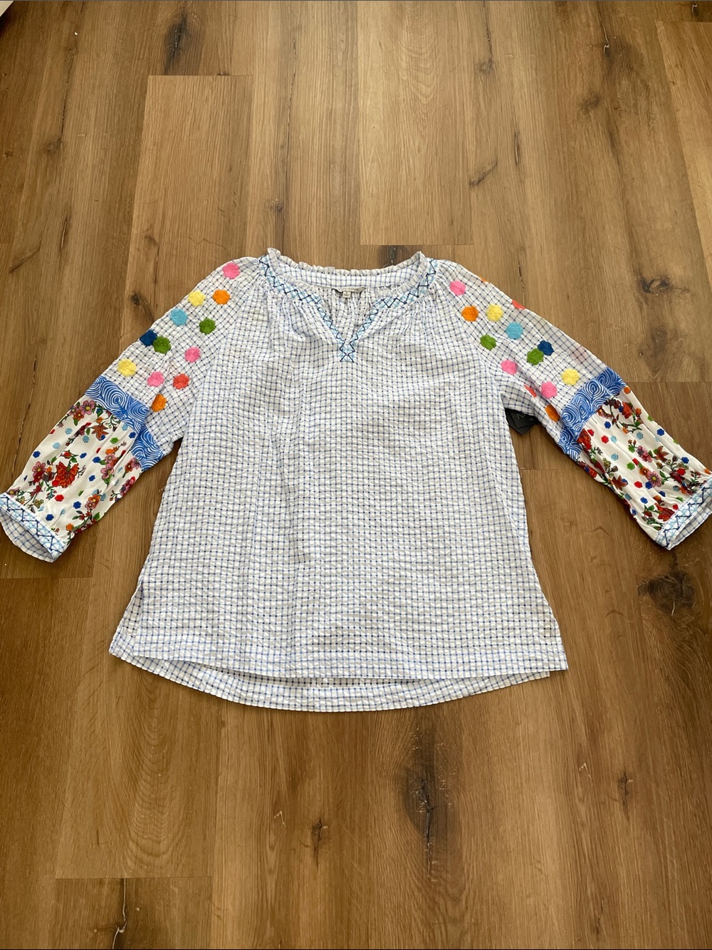 John Mark Blue & White Checked Peasant Blouse with Multicolor Patchwork Sleeves